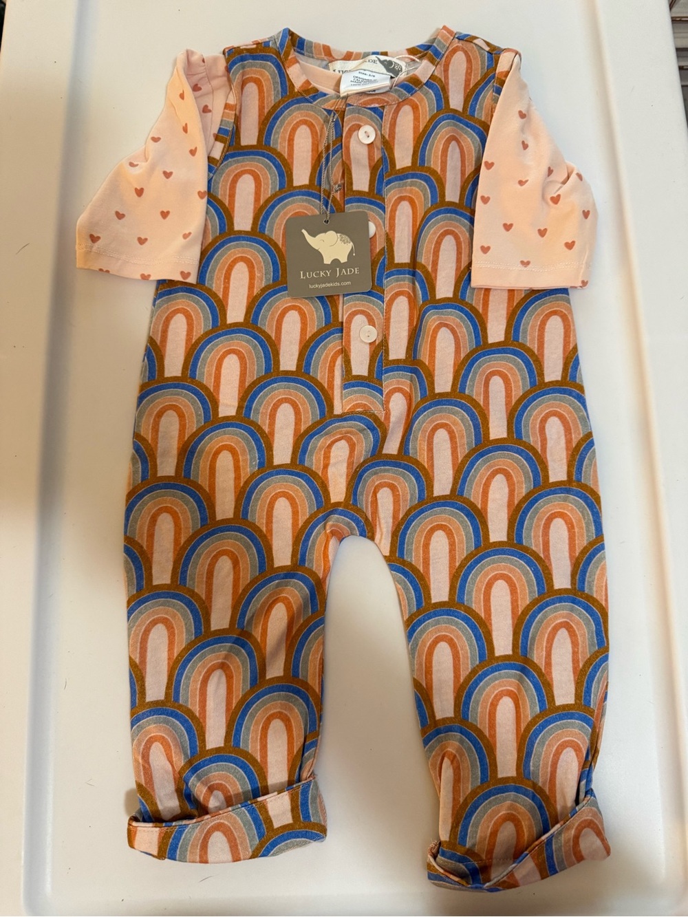 Lucky Jade Peach, Blue & Brown Rainbow Print Romper